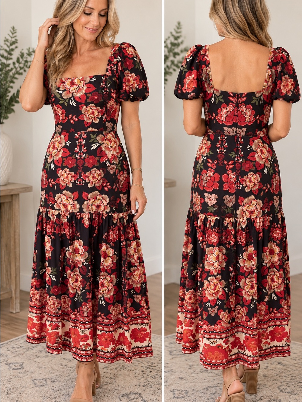 NWT Adrianna Papell Floral Puff Sleeve Midi Dress Size 4 Black Red